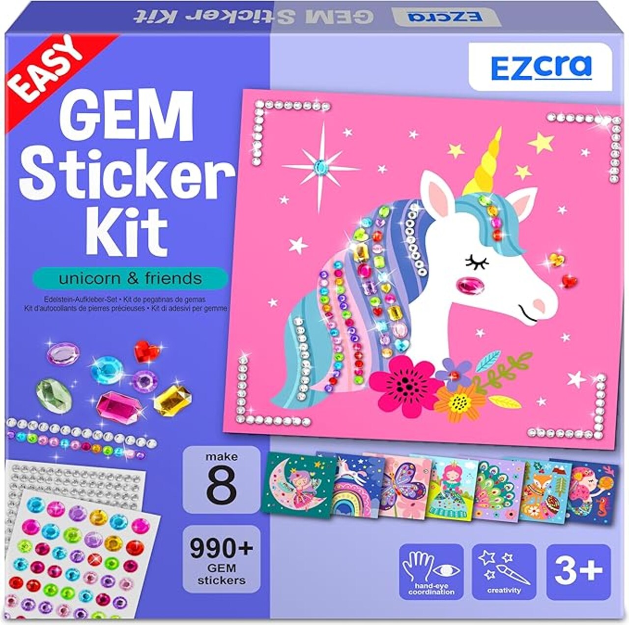 Easy Arts and Crafts for Kids - Fun Gem Sticker Kit - 8 Unicorn Princess Themes, 990+ Stickers - Gem Art for Kids - Diamond Art Kits for Kids